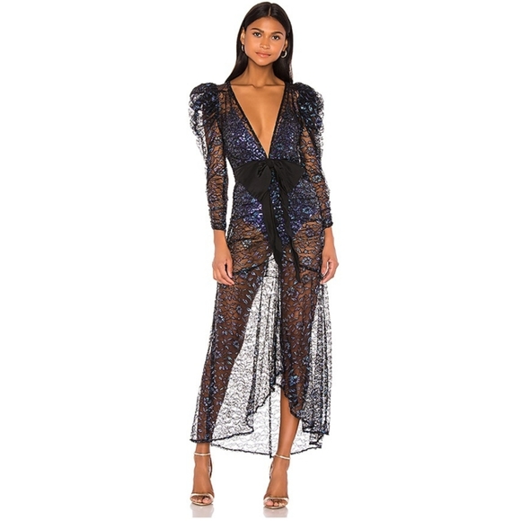FOR LOVE & LEMONS Sequin & Metallic Navy Blue Rodin Sparkly Sheer Maxi Dress NWT FOR LOVE & LEMONS Sequin & Metallic Navy Blue Rodin Sparkly Sheer Maxi Dress NWT